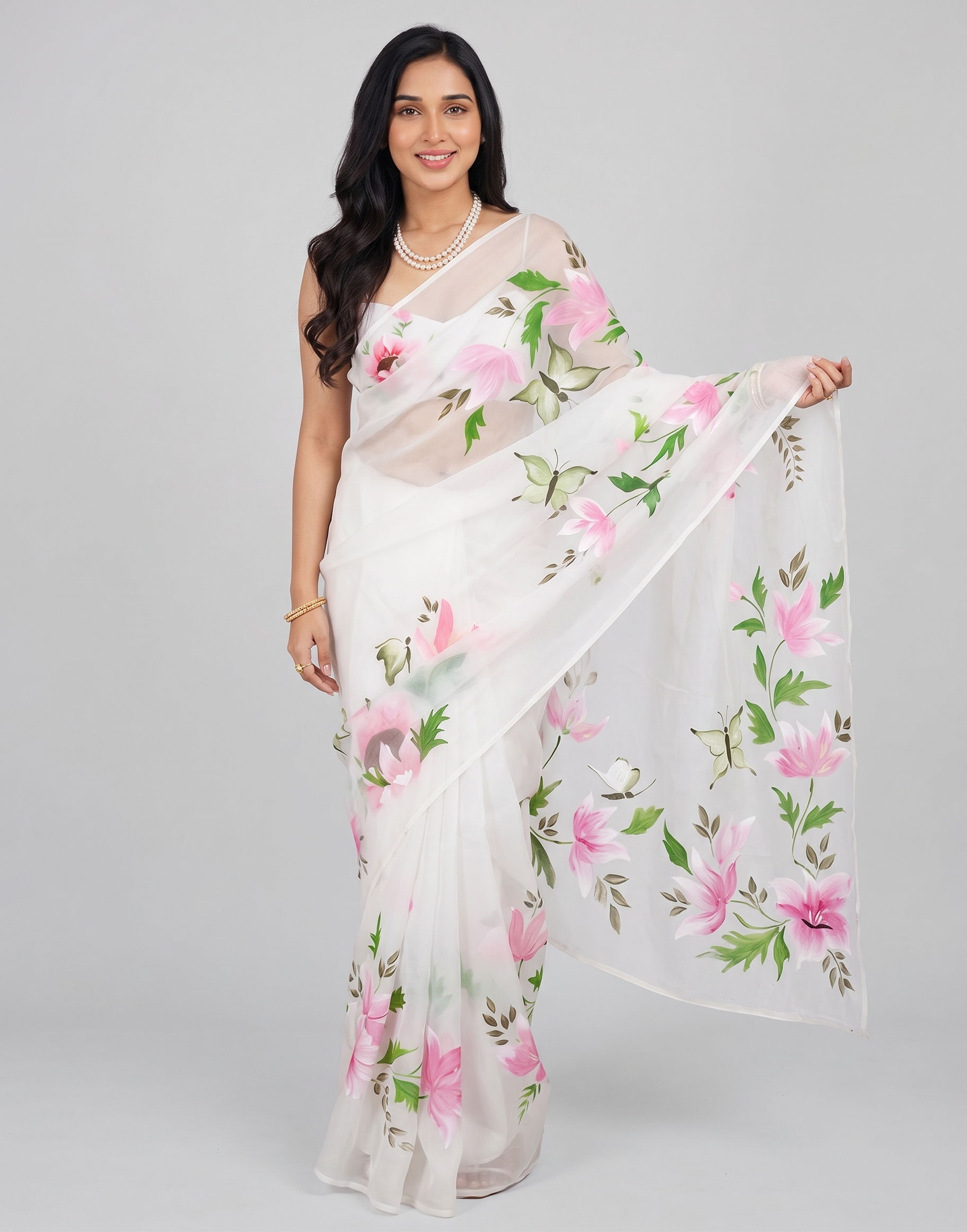 Premium White Georgette Leaf & Floral Printed Saree for Women | Includes Unstitched Blouse Piece
