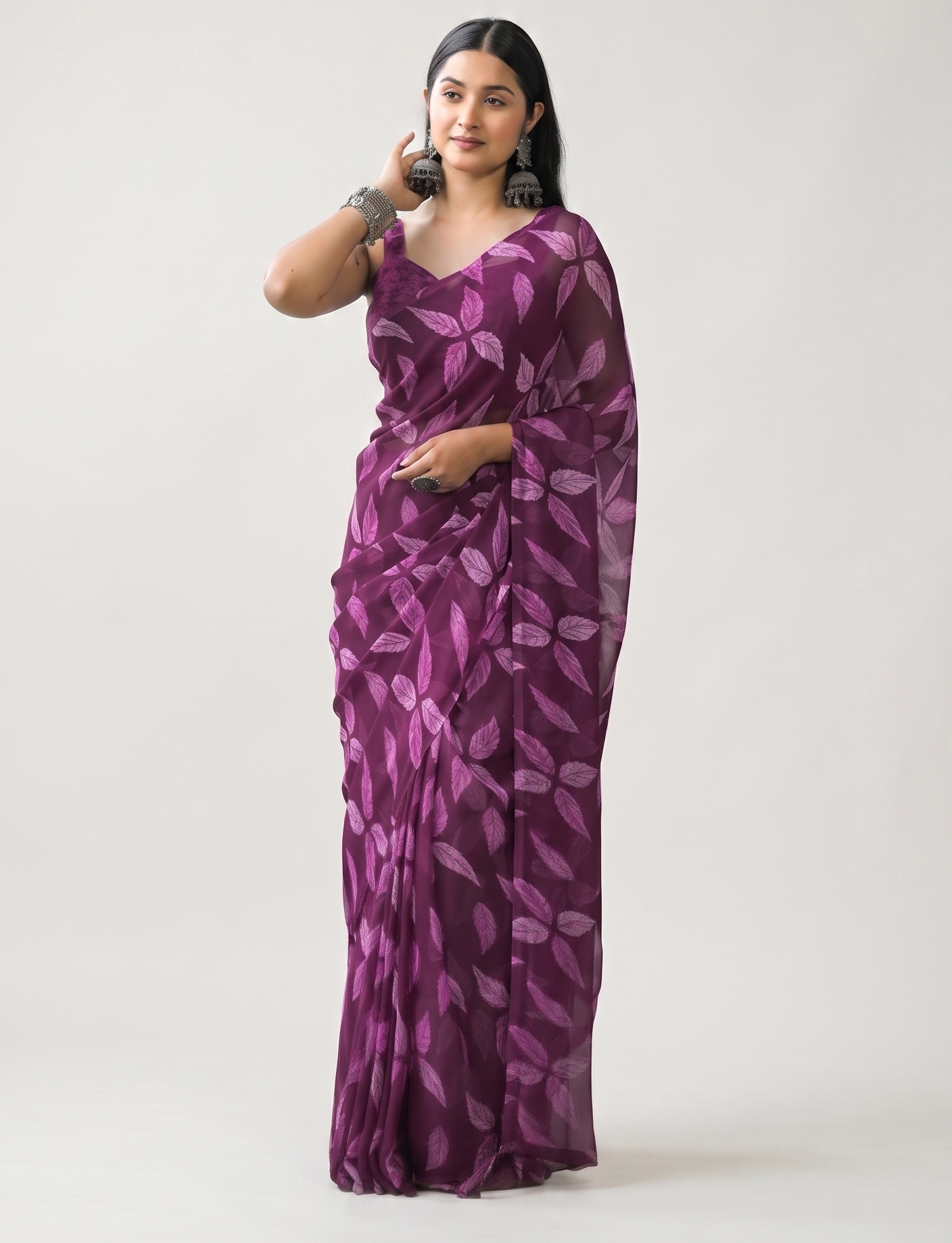 Women's Premium Georgette Floral and Violet Leaf Printed Saree with Unstitched Blouse Piece