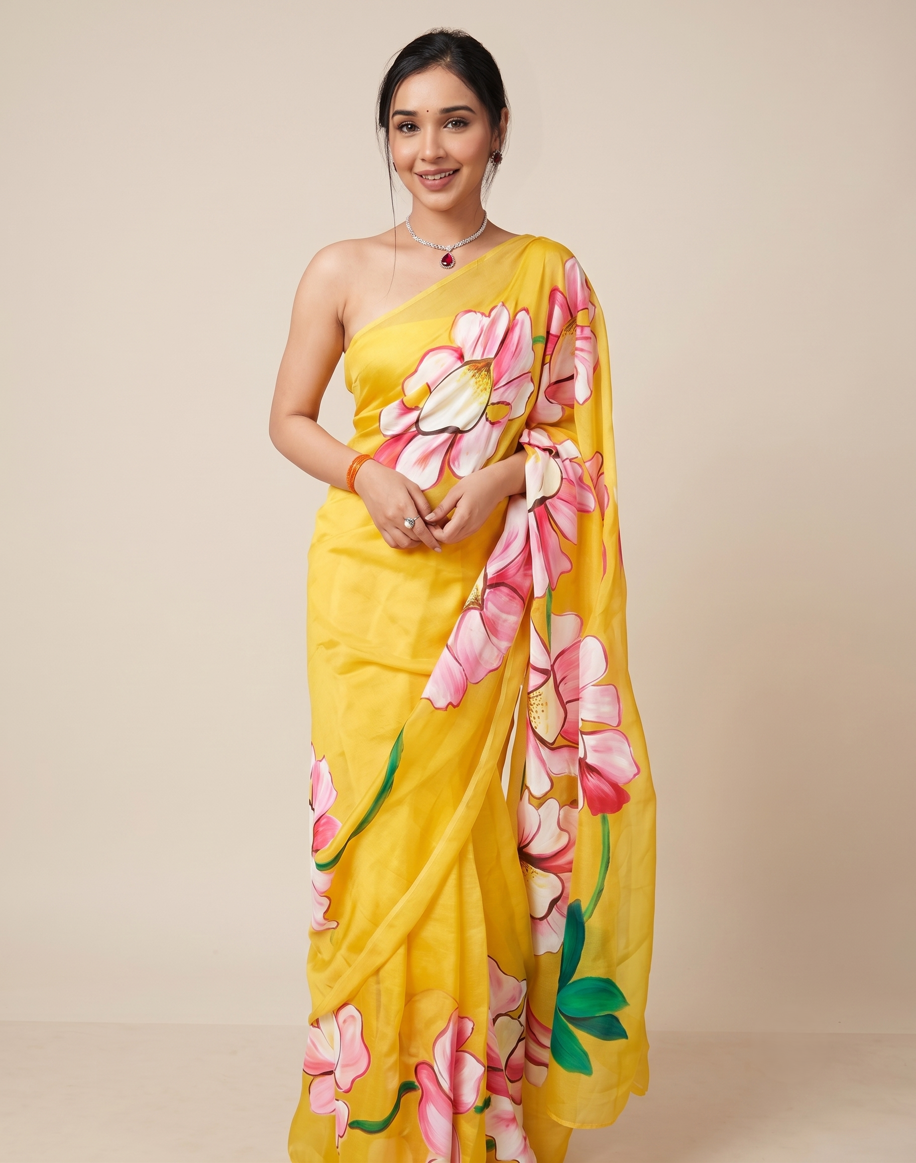 Women's Premium Georgette Yellow Floral Printed Saree with Unstitched Blouse Piece