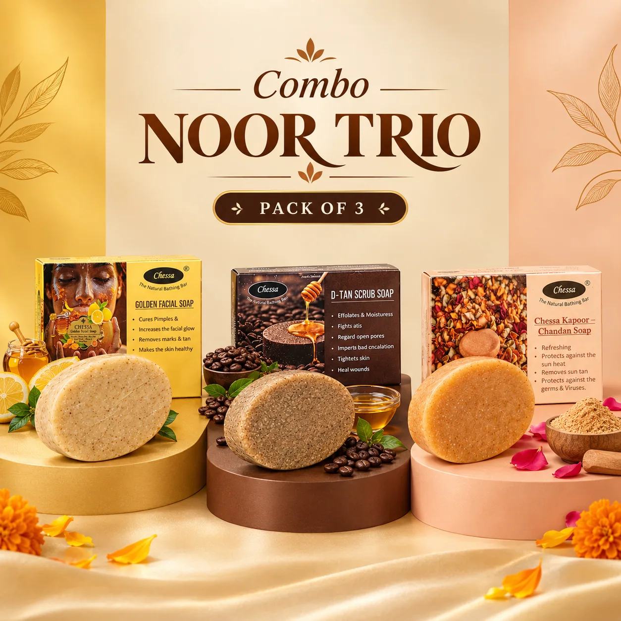 Chessa Noor Trio Combo | Golden Facial + D-Tan Scrub + Kapoor Chandan Soaps | Complete 3-Step Skin Care Bathing Combo — photo 1 of 2