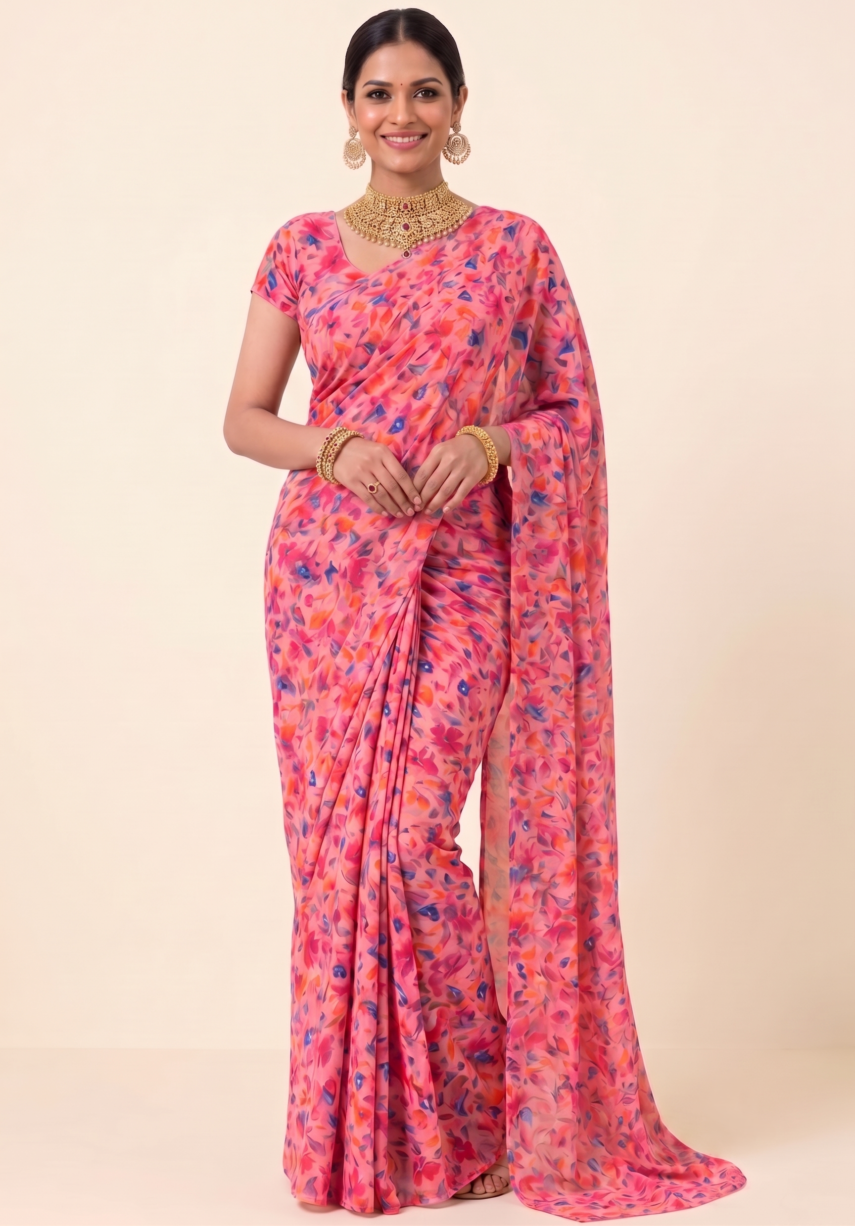 Women's Elegant Floral Printed Premium Georgette Saree with Blouse Piece (Light Pink/Multicolor)