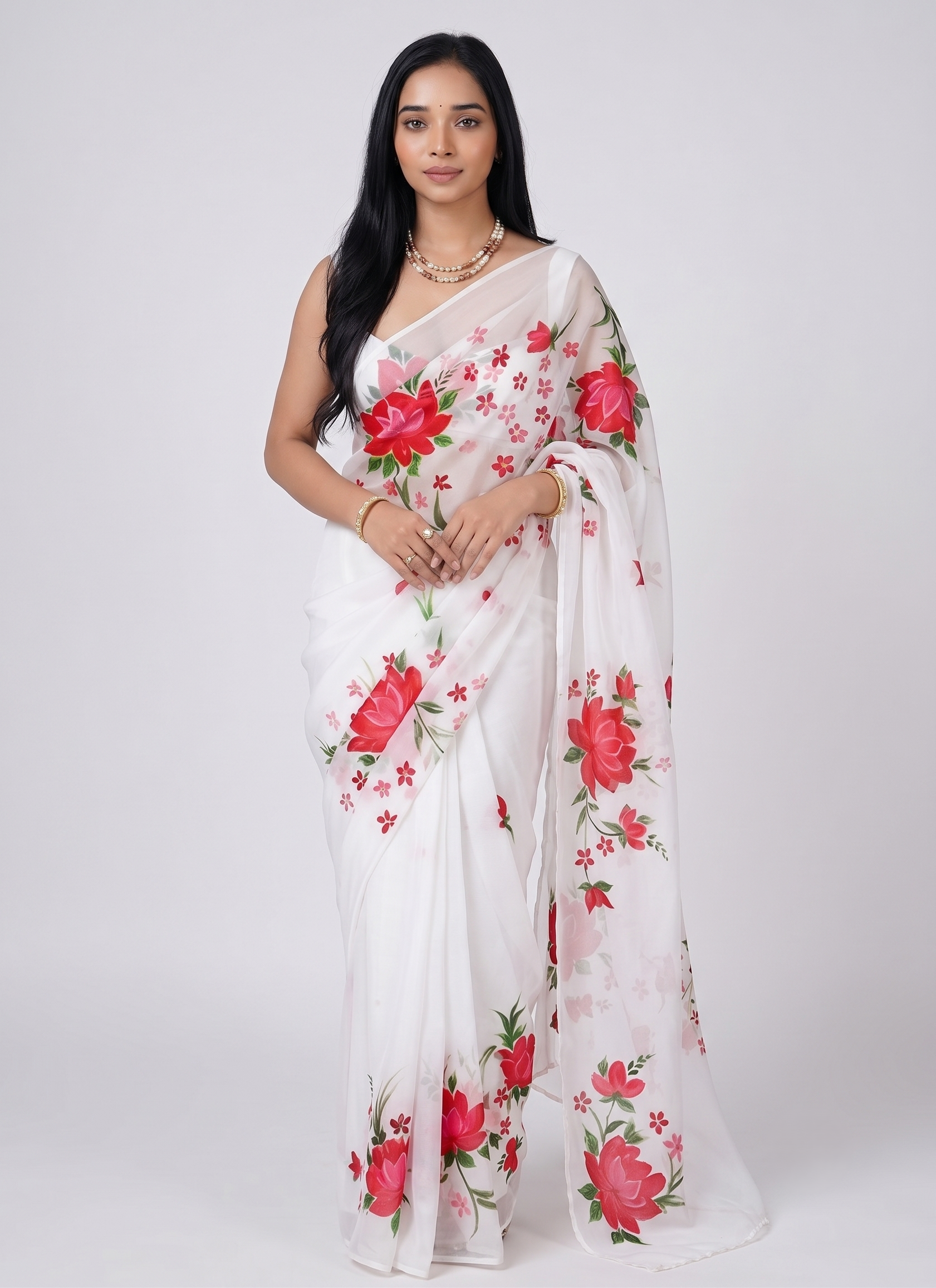 Women's Premium Georgette White Floral Printed Saree with Unstitched Blouse Piecerinted Saree with Unstitched Blouse Piece